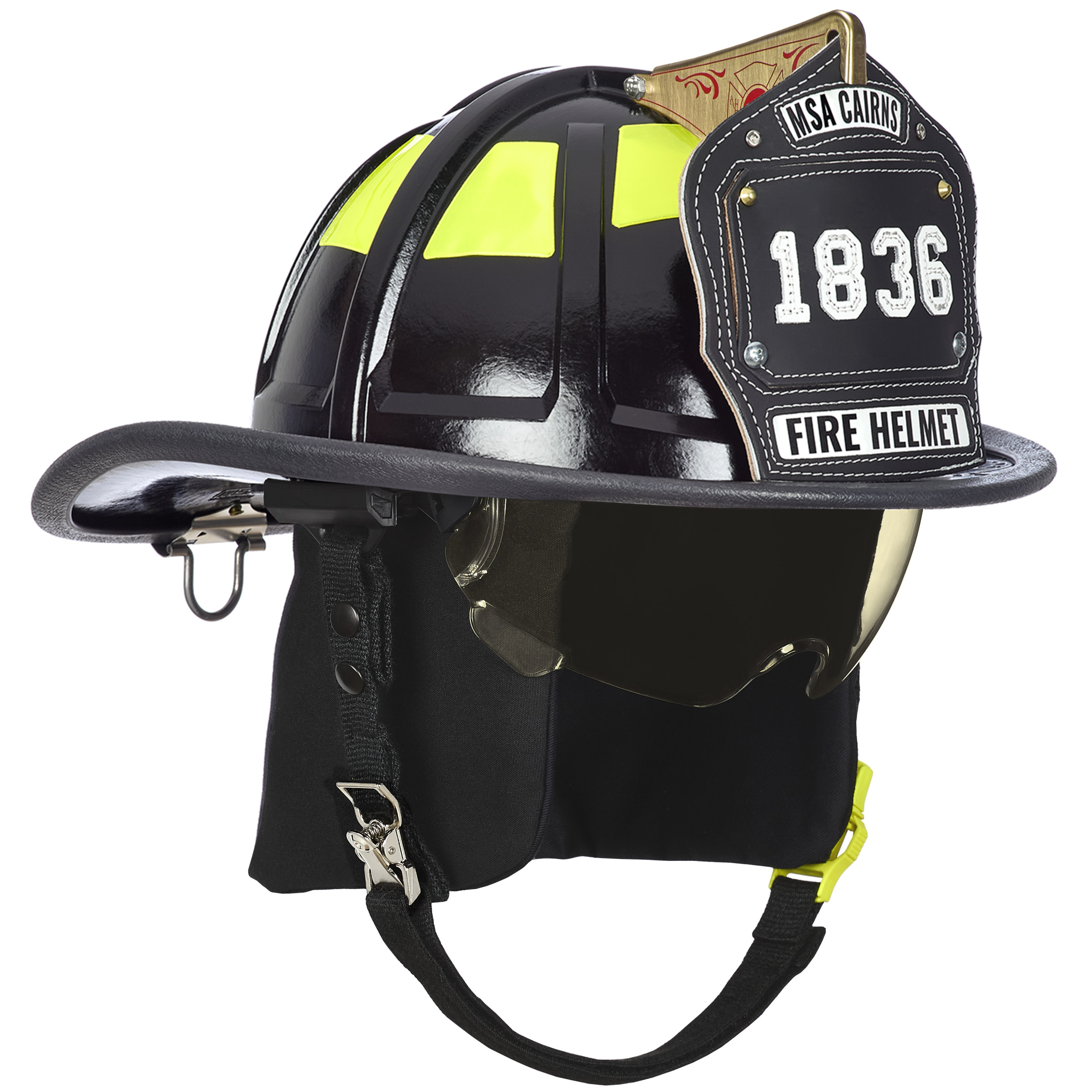 Cairns 1836 Black Fire Helmet, with standard liner, amber Defender Tuffshield Visor, Black Nomex earlaps, 6" maltese cross, Reflexite lime yellow